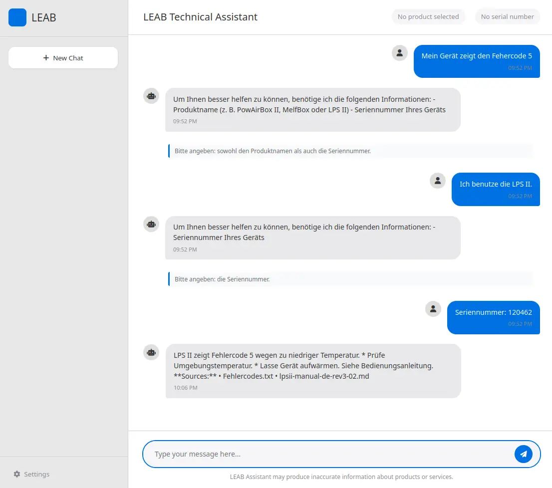 Einblick in den Protoypen von KI.SH: Ein beispielhafter Chatverlauf mit dem LEAB KI-Assistenten. 