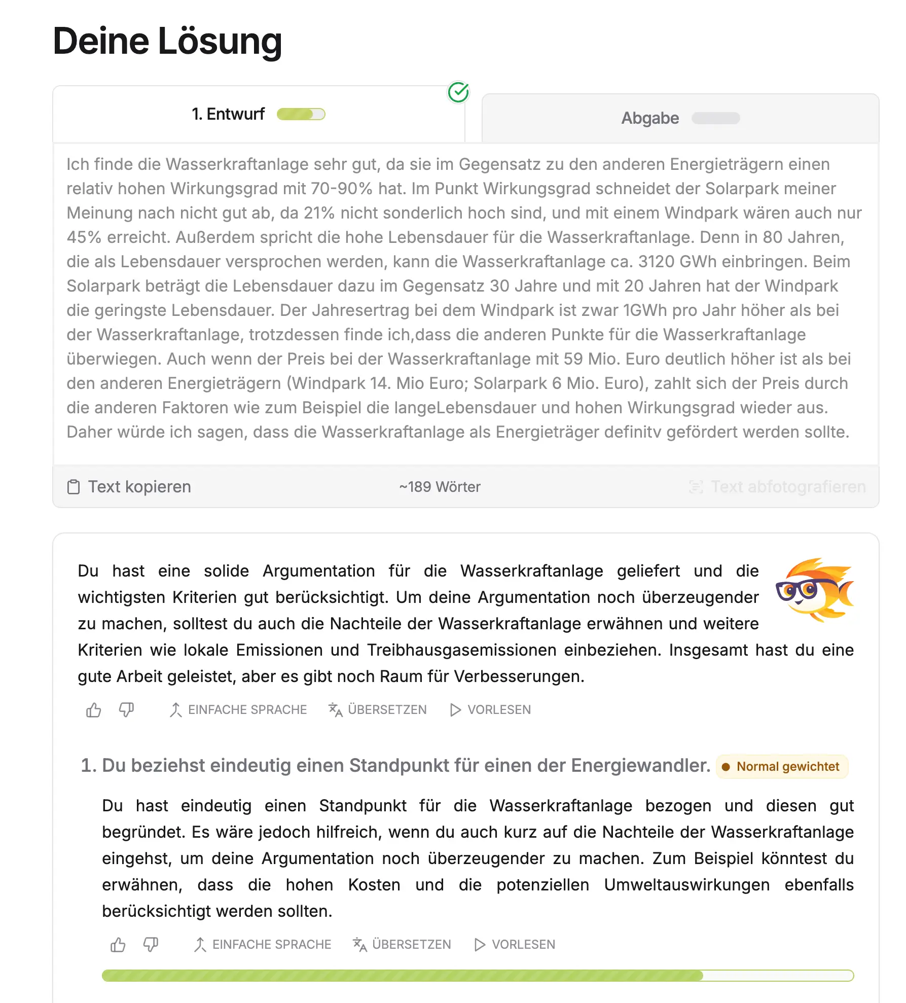 Beispielhaftes Feedback, das durch die FelloFish KI erstellt wurde.
