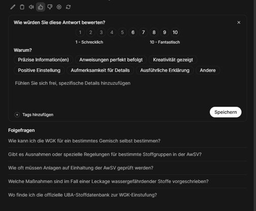 Ein weiterer Einblick in das Chatfenster, welches die Feedback-Funktionen zeigt.