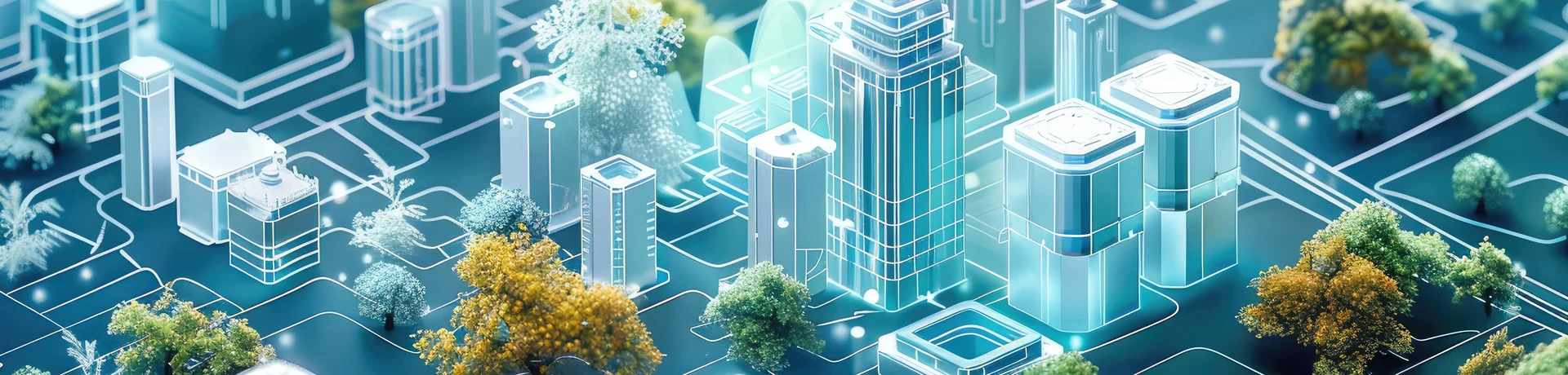 Luftaufnahme einer modernen Großstadt mit komplexem Autobahnkreuz, überlagert von leuchtenden, blauen Netzwerklinien und Knotenpunkten, die digitale Vernetzung und intelligente Infrastruktur symbolisieren.