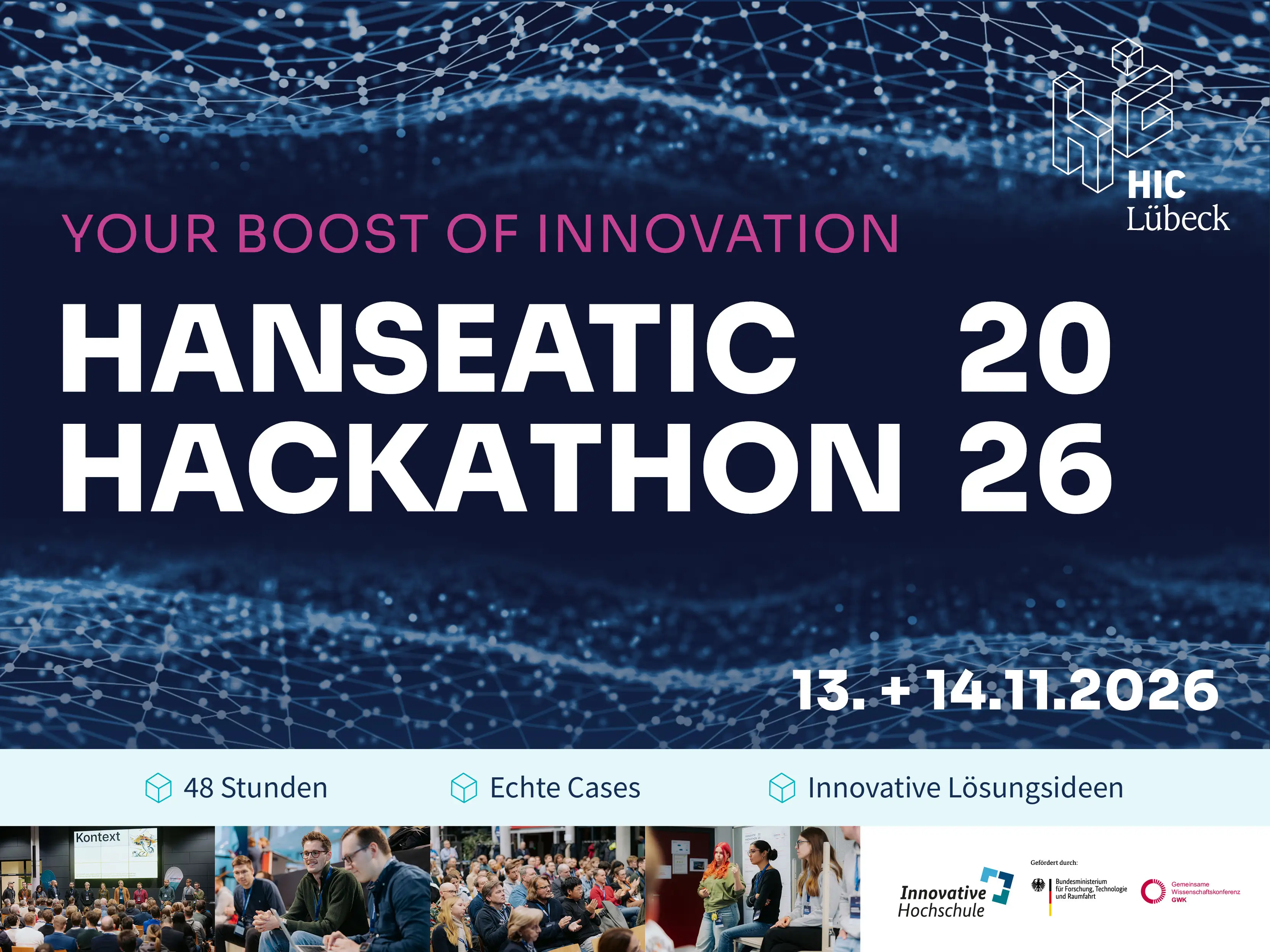 Werbebannder für den Hanseatic Hackathon 2026 mit silisierten Punkten, die per Linie verbunden sind.